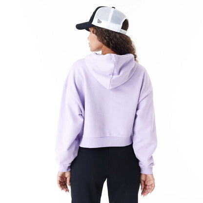 The Female model is wearing New York Yankees MLB Lifestyle Purple Womens Crop Pullover Hoodie 2