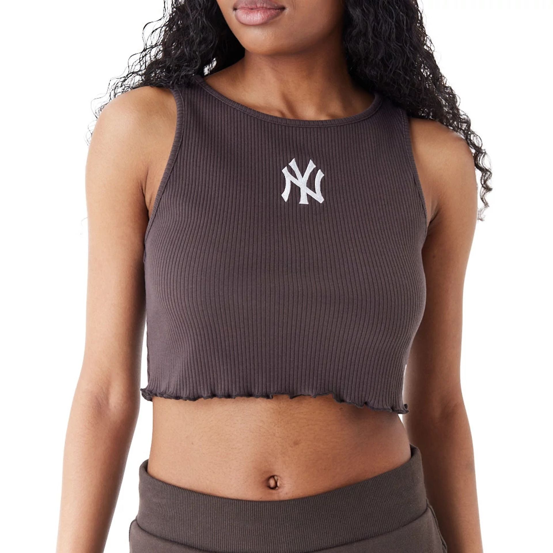 The Female model is wearing New York Yankees MLB Lifestyle Brown Crop Tank Top 8