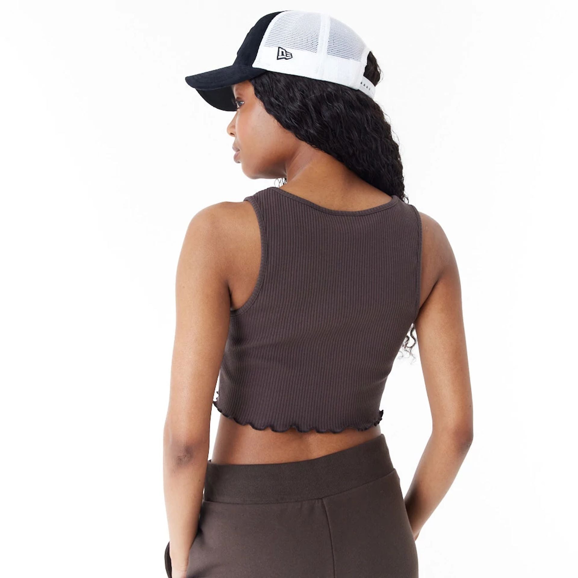 The Female model is wearing New York Yankees MLB Lifestyle Brown Crop Tank Top 5