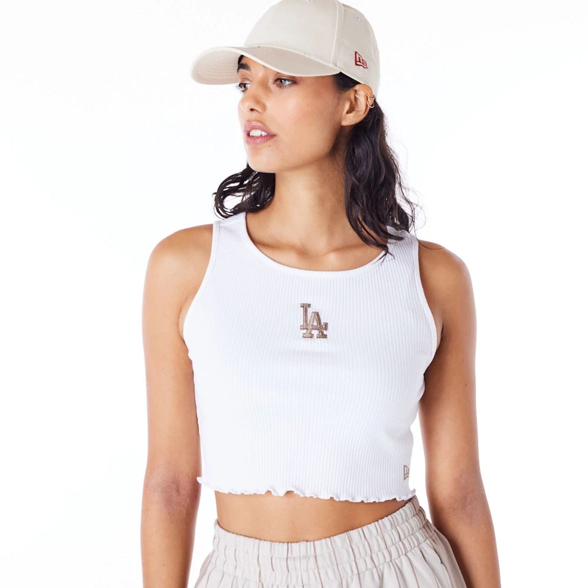 The Female model is wearing LA Dodgers MLB Lifestyle White Womens Crop Tank Top 7