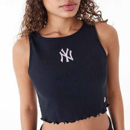 The Female model is wearing New York Yankees MLB Lifestyle Black Womens Crop Tank Top 7