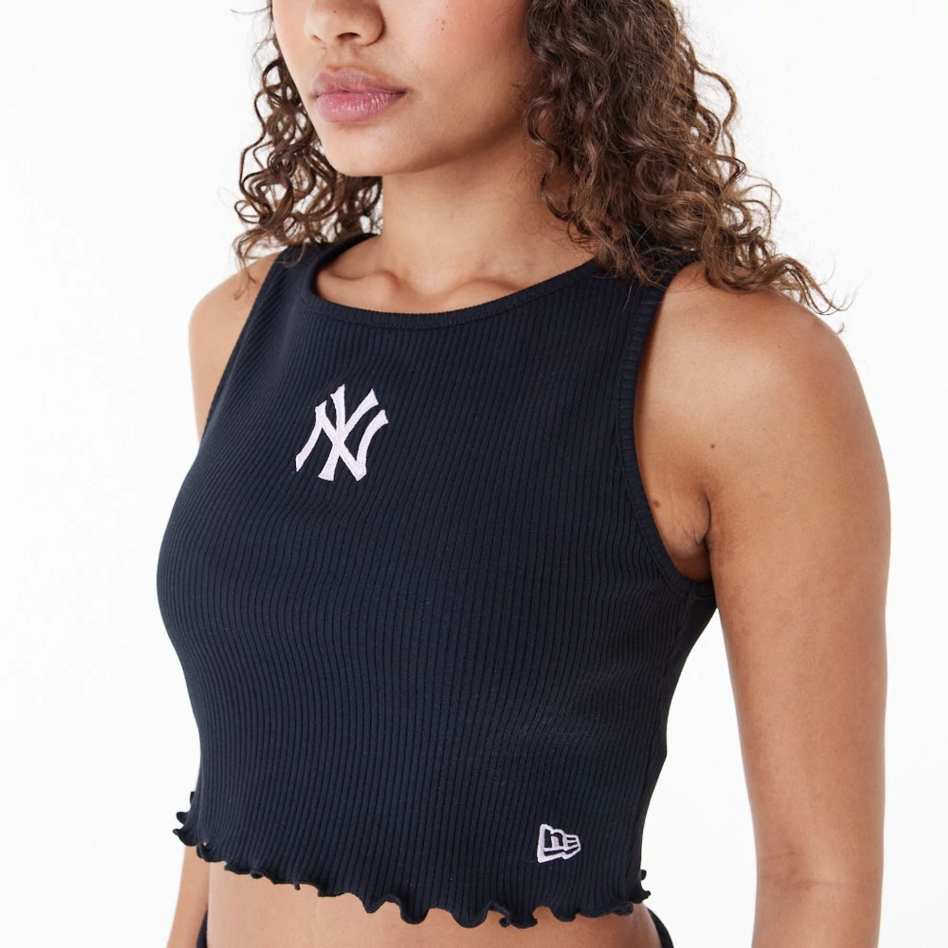 The Female model is wearing New York Yankees MLB Lifestyle Black Womens Crop Tank Top 6