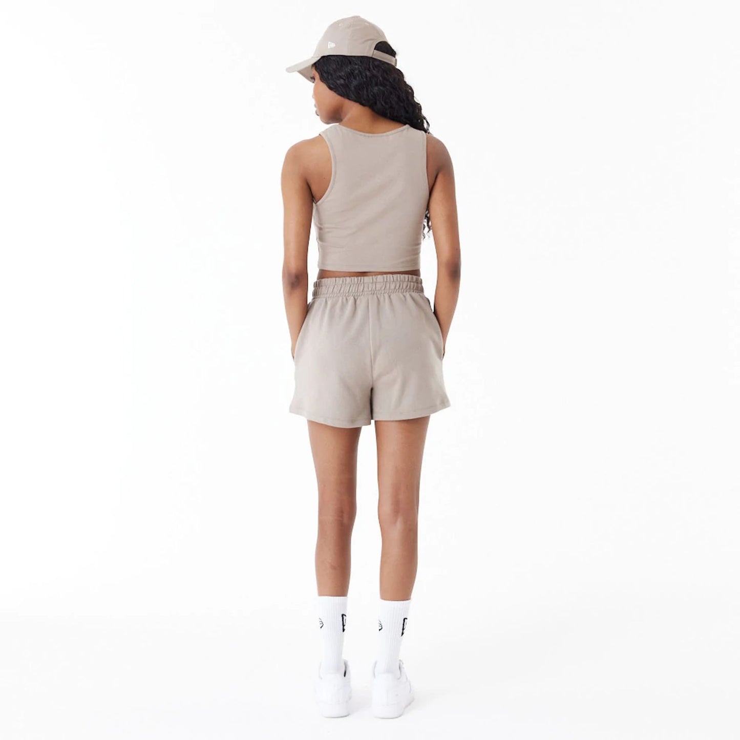 The Female model is wearing New Era Brown Womens Sweat Shorts 2