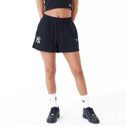 The Female model is wearing New York Yankees Womens MLB Lifestyle Black Shorts 7