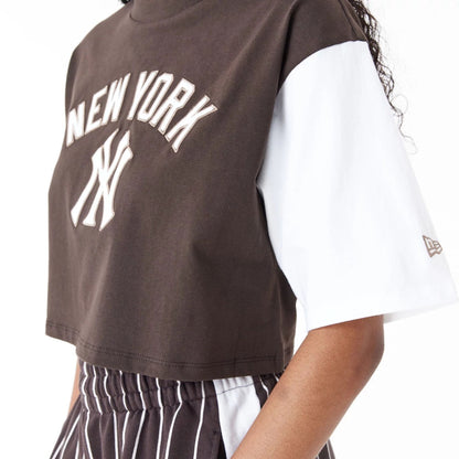 The Female model is wearing New York Yankees MLB Lifestyle Brown Womens Crop T-Shirt 4