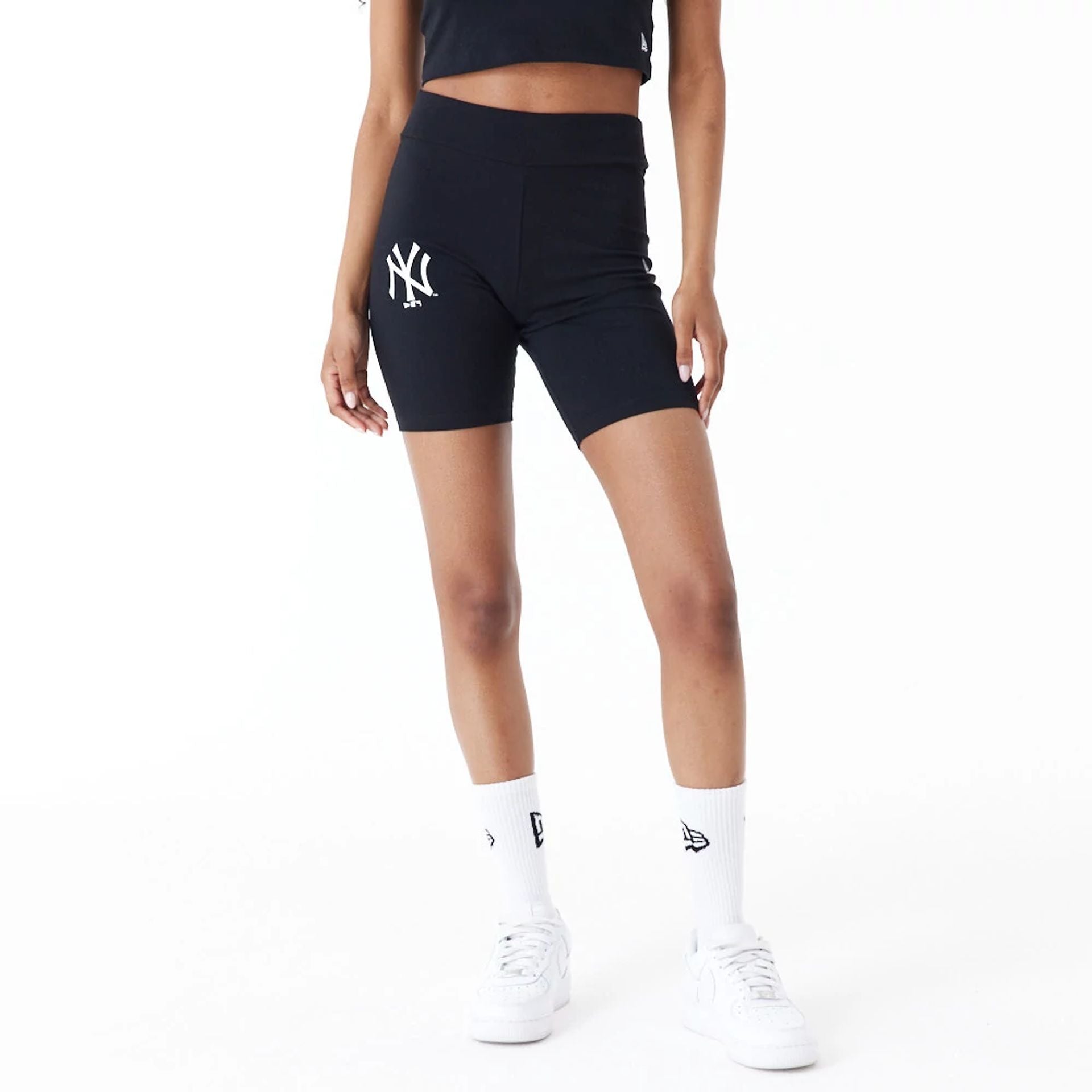 The Female model is wearing New York Yankees Womens MLB Lifestyle Black Cycling Shorts 1