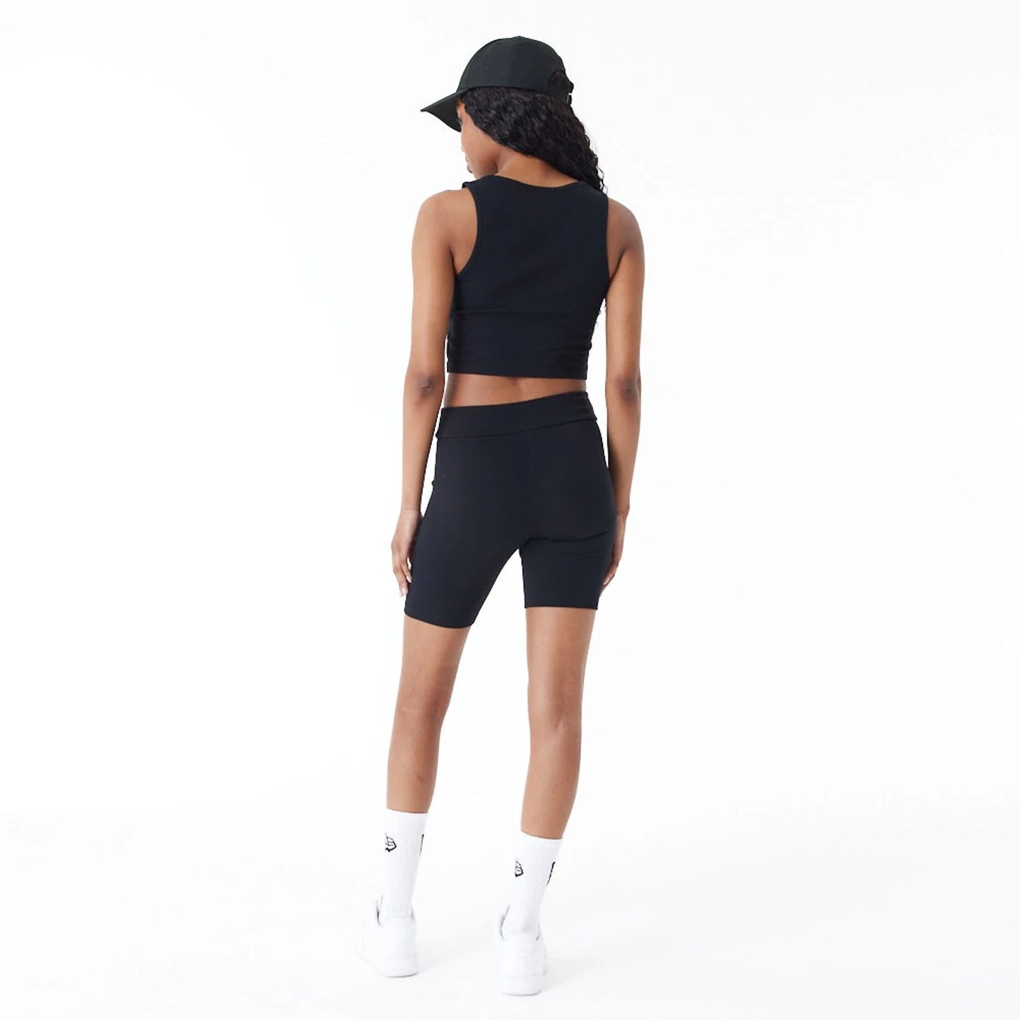 The Female model is wearing New York Yankees Womens MLB Lifestyle Black Cycling Shorts 3