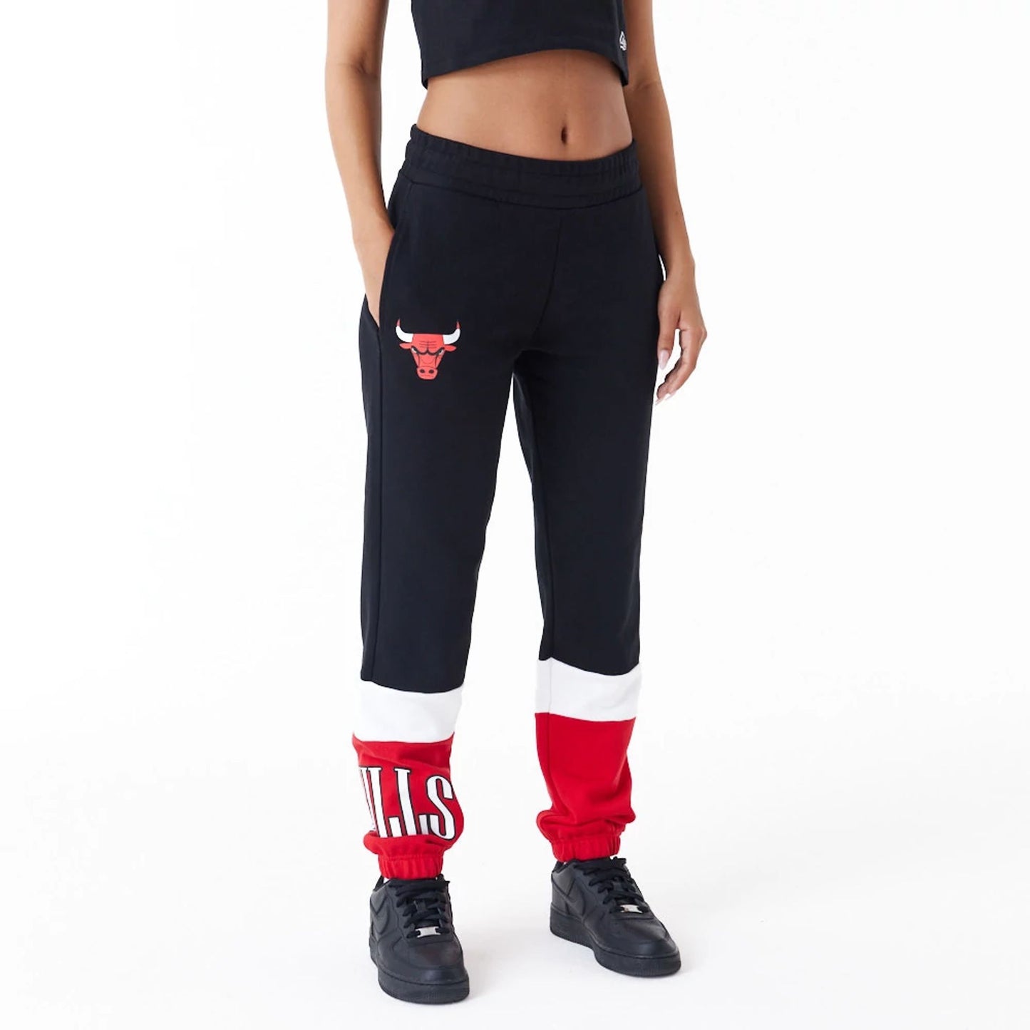 The Female model is wearing Chicago Bulls NBA Colour Block Black Joggers 5