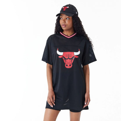 The Female model is wearing Chicago Bulls Women NBA Black Mesh Dress 1