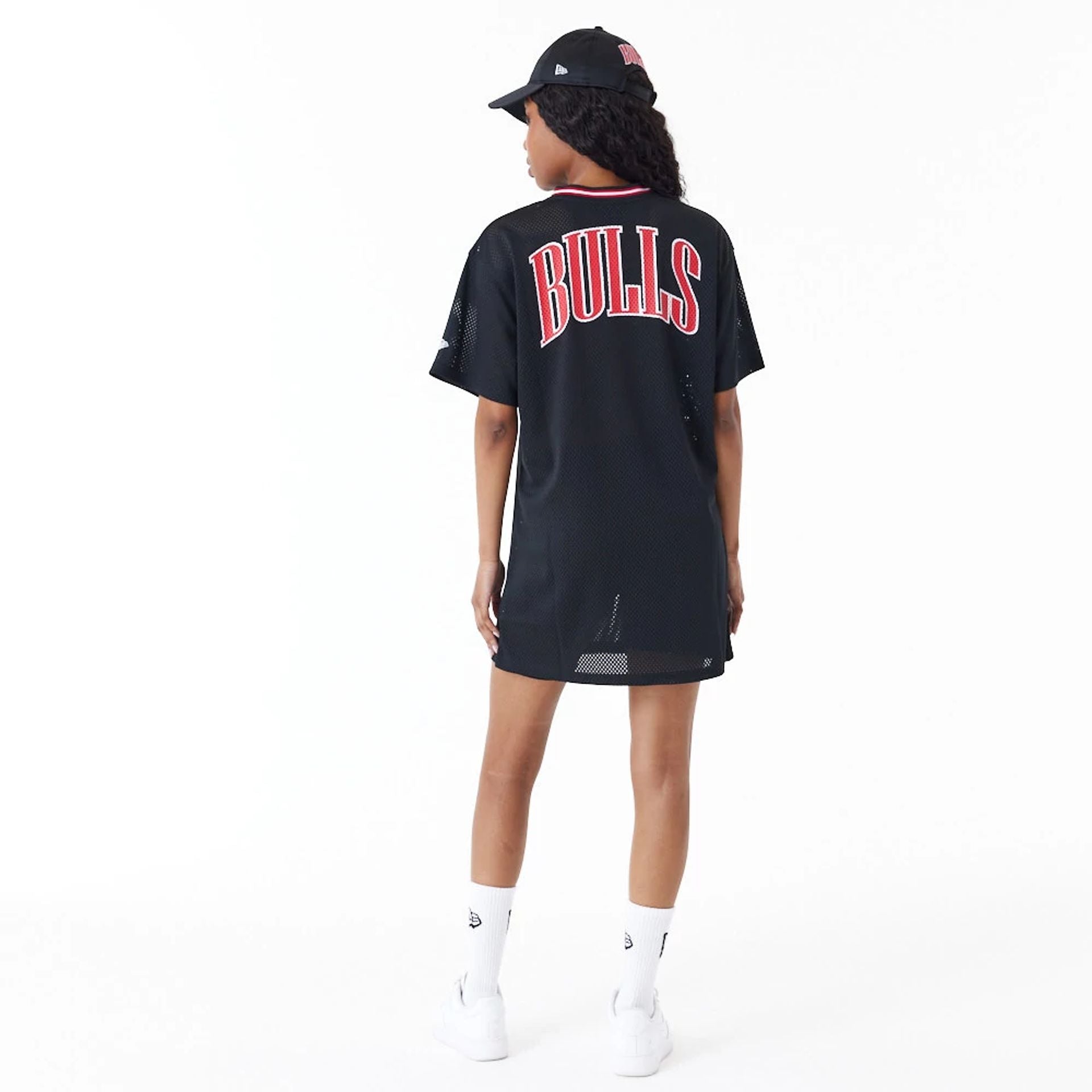 The Female model is wearing Chicago Bulls Women NBA Black Mesh Dress 6