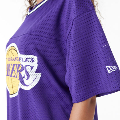 The Female model is wearing LA Lakers Womens NBA Purple Mesh Dress 3