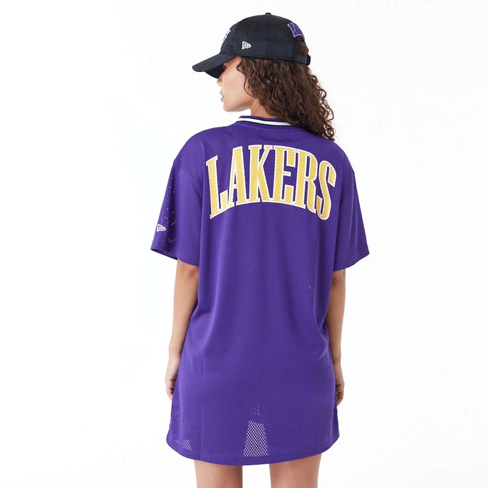 The Female model is wearing LA Lakers Womens NBA Purple Mesh Dress 8