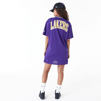 The Female model is wearing LA Lakers Womens NBA Purple Mesh Dress 10