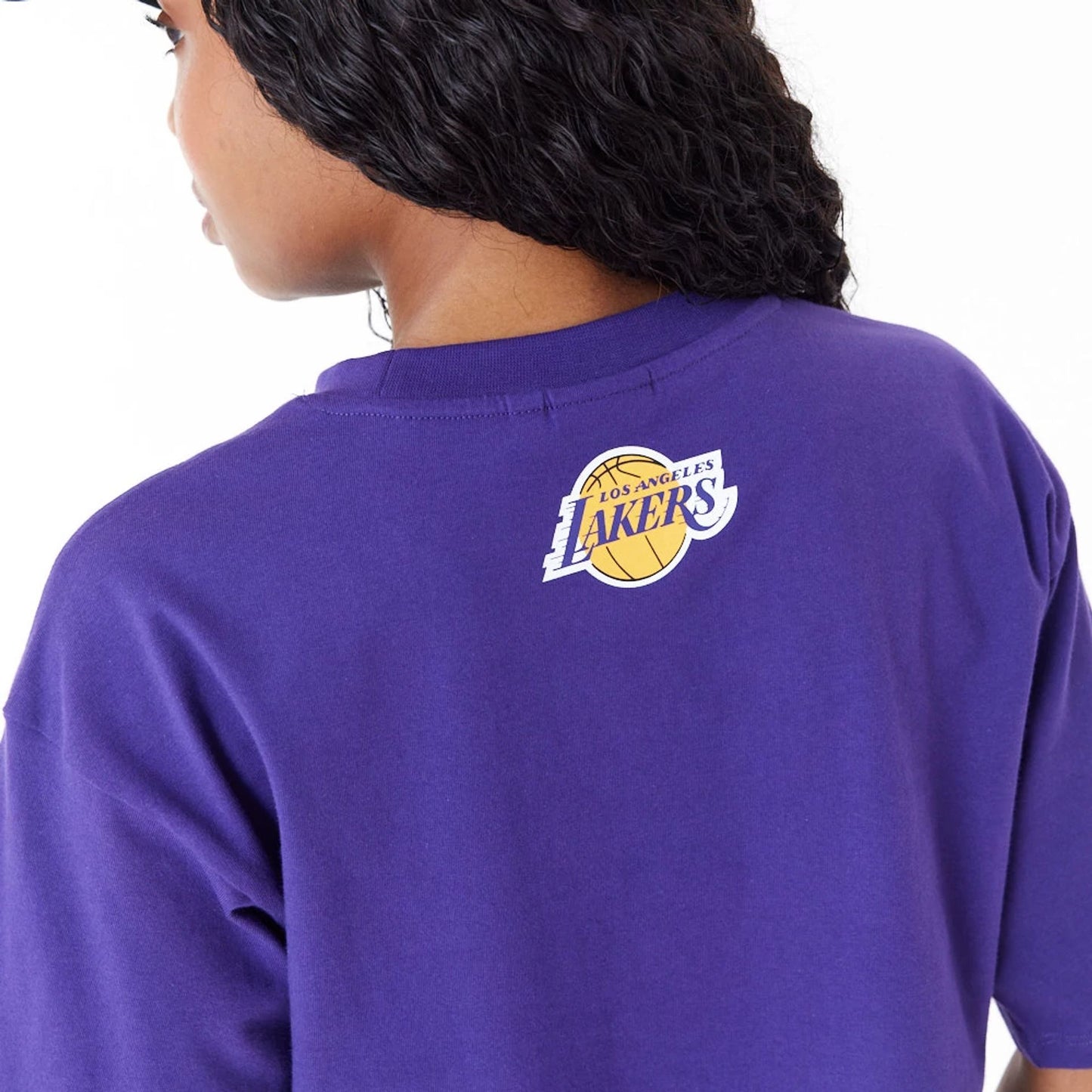 The Female model is wearing LA Lakers Womens NBA Team Wordmark Purple Crop T-Shirt 6