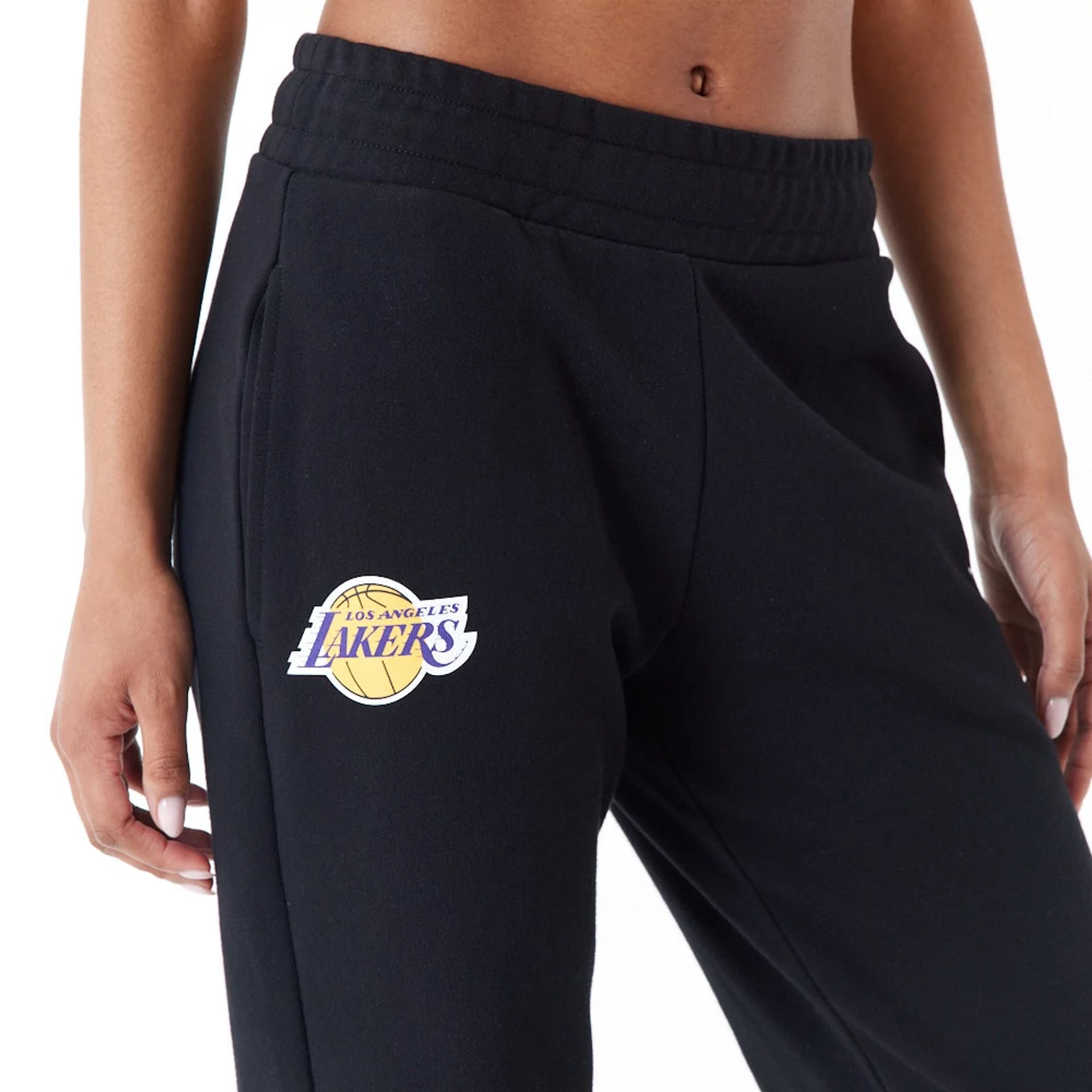 The Female model is wearing LA Lakers Womens NBA Colour Block Black Joggers 2