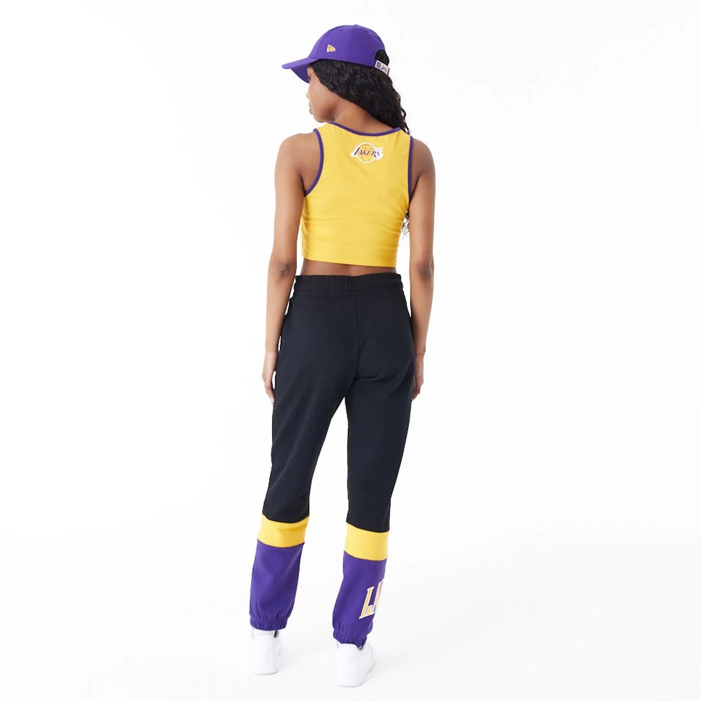 The Female model is wearing LA Lakers Womens NBA Colour Block Black Joggers 8