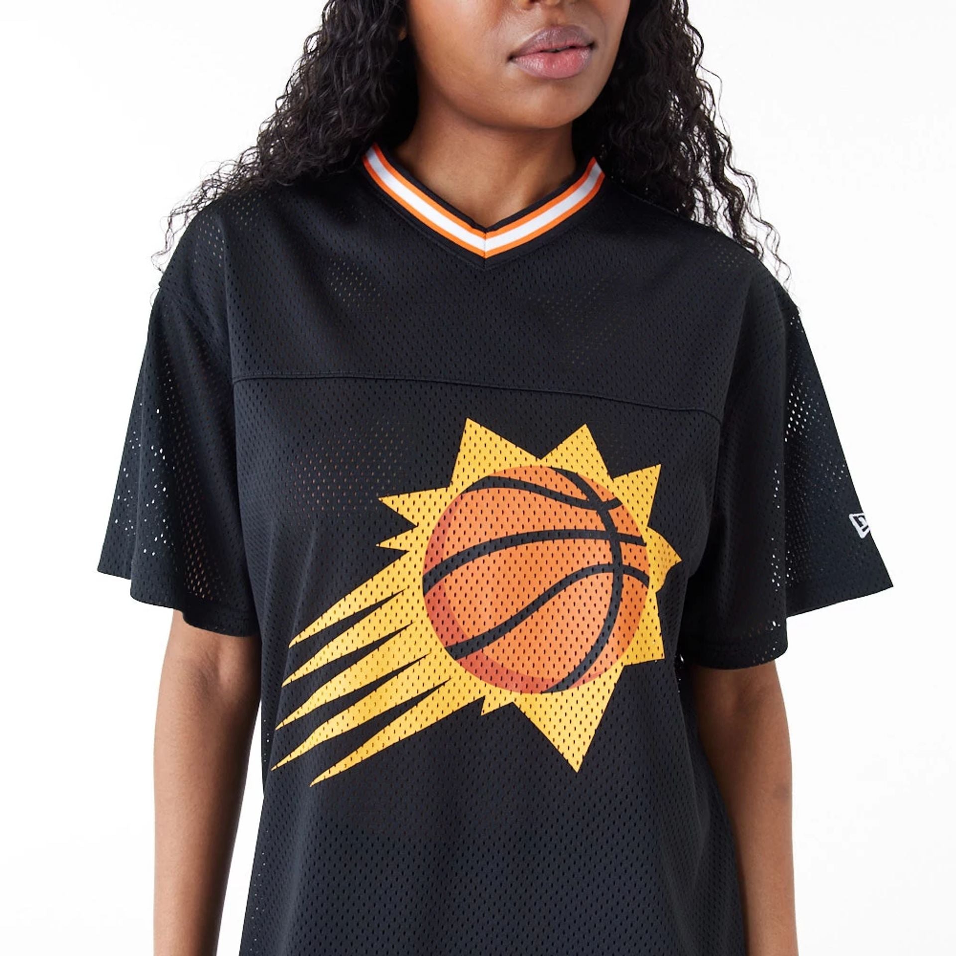 The Female model is wearing Phoenix Suns Womens NBA Black Mesh Dress 2