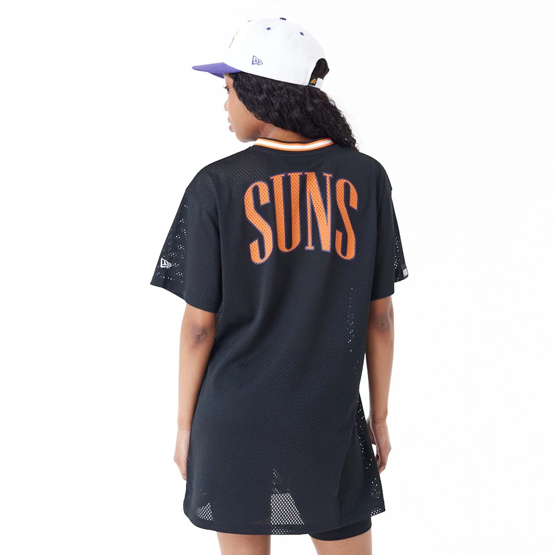 The Female model is wearing Phoenix Suns Womens NBA Black Mesh Dress 7