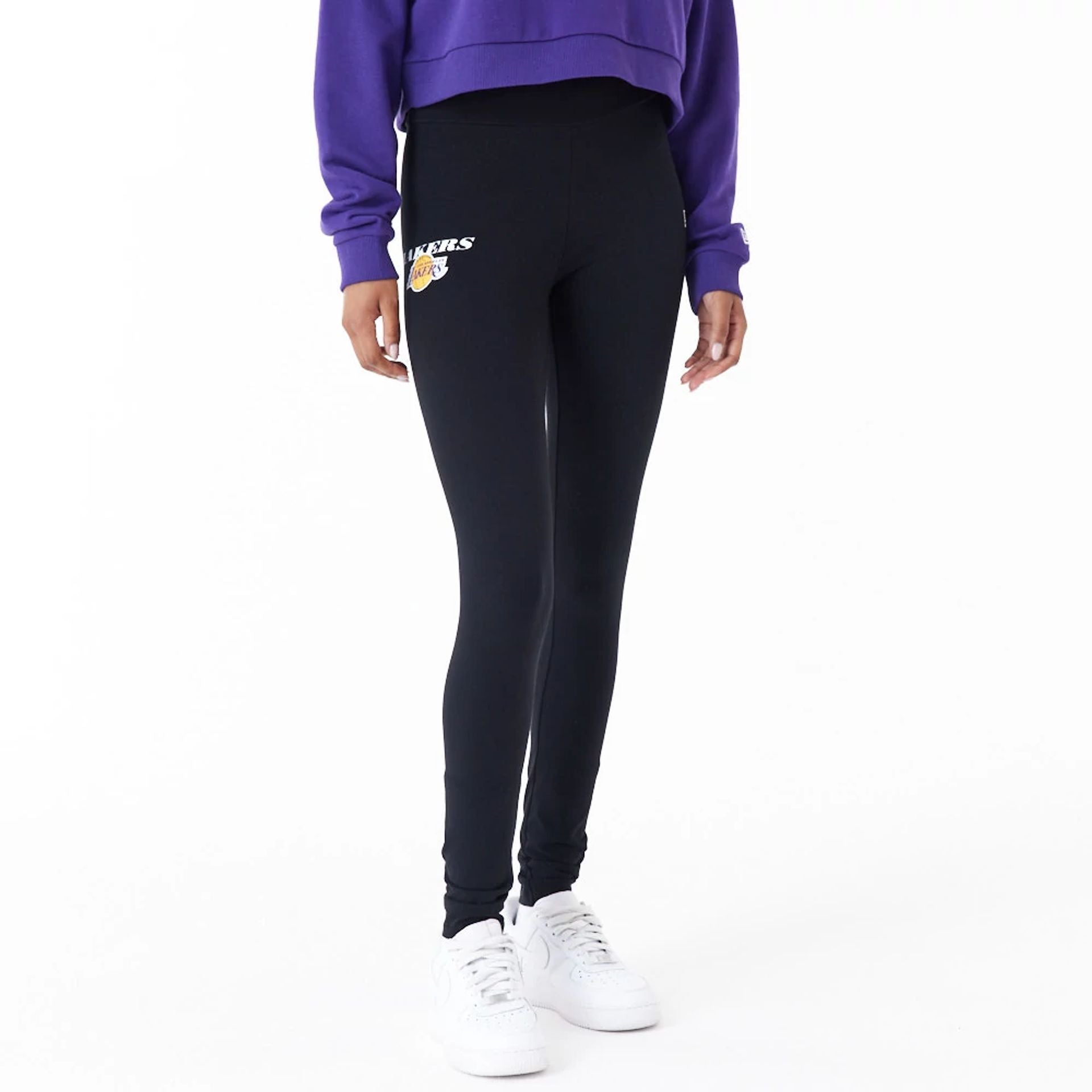 The Female model is wearing LA Lakers Womens NBA Team Logo Black Leggings 1