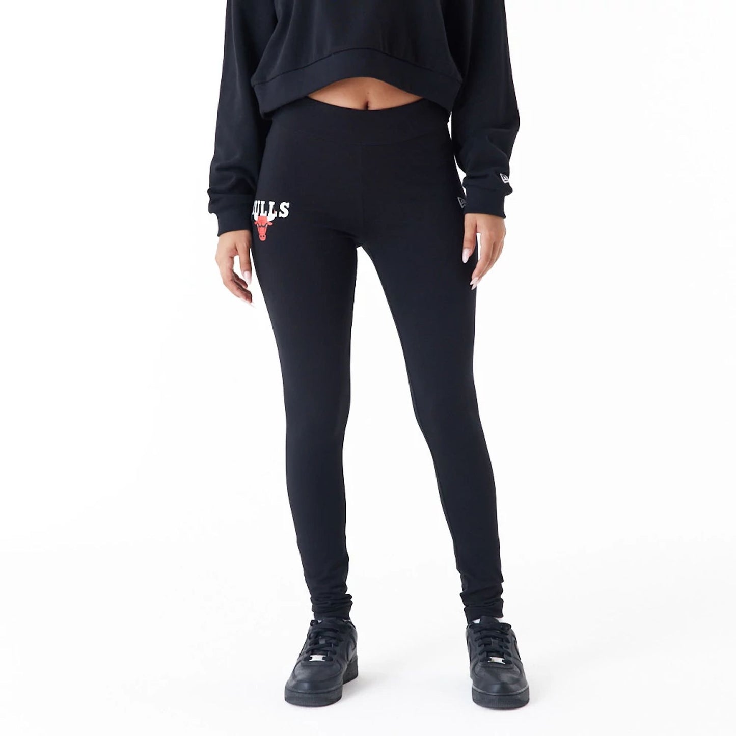 The Female model is wearing Chicago Bulls Womens NBA Team Bulls Logo Black Leggings 4