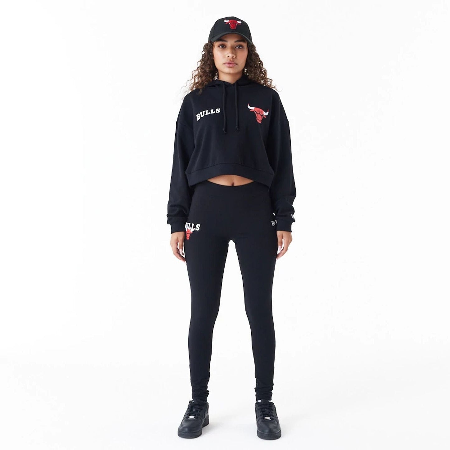 The Female model is wearing Chicago Bulls Womens NBA Team Bulls Logo Black Leggings 3