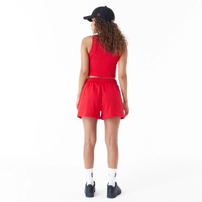 The Female model is wearing Chicago Bulls Womens NBA Team Logo Red Shorts 4