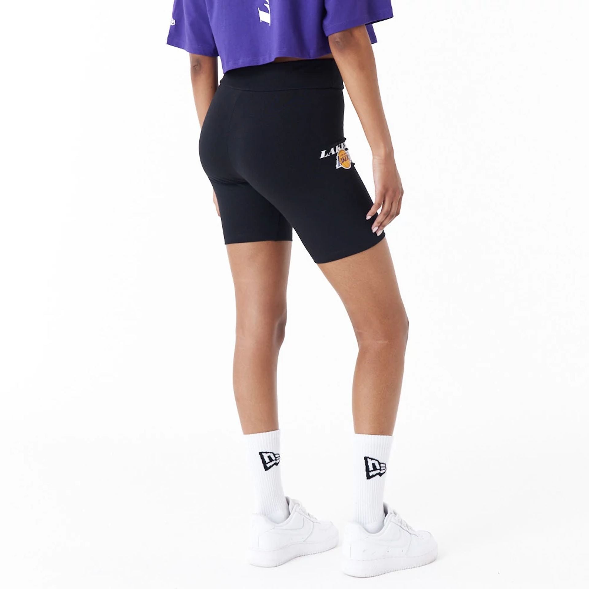 The Female model is wearing LA Lakers Womens NBA Logo Black Cycling Shorts 4