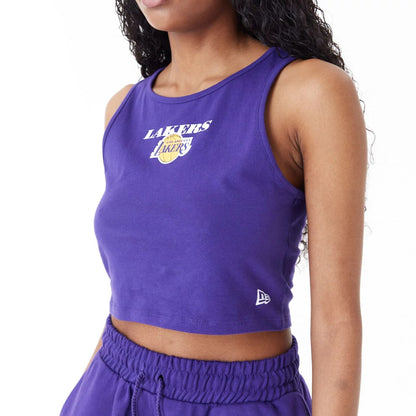 The Female model is wearing LA Lakers Women's NBA Team Logo Purple Crop Tank Top 4