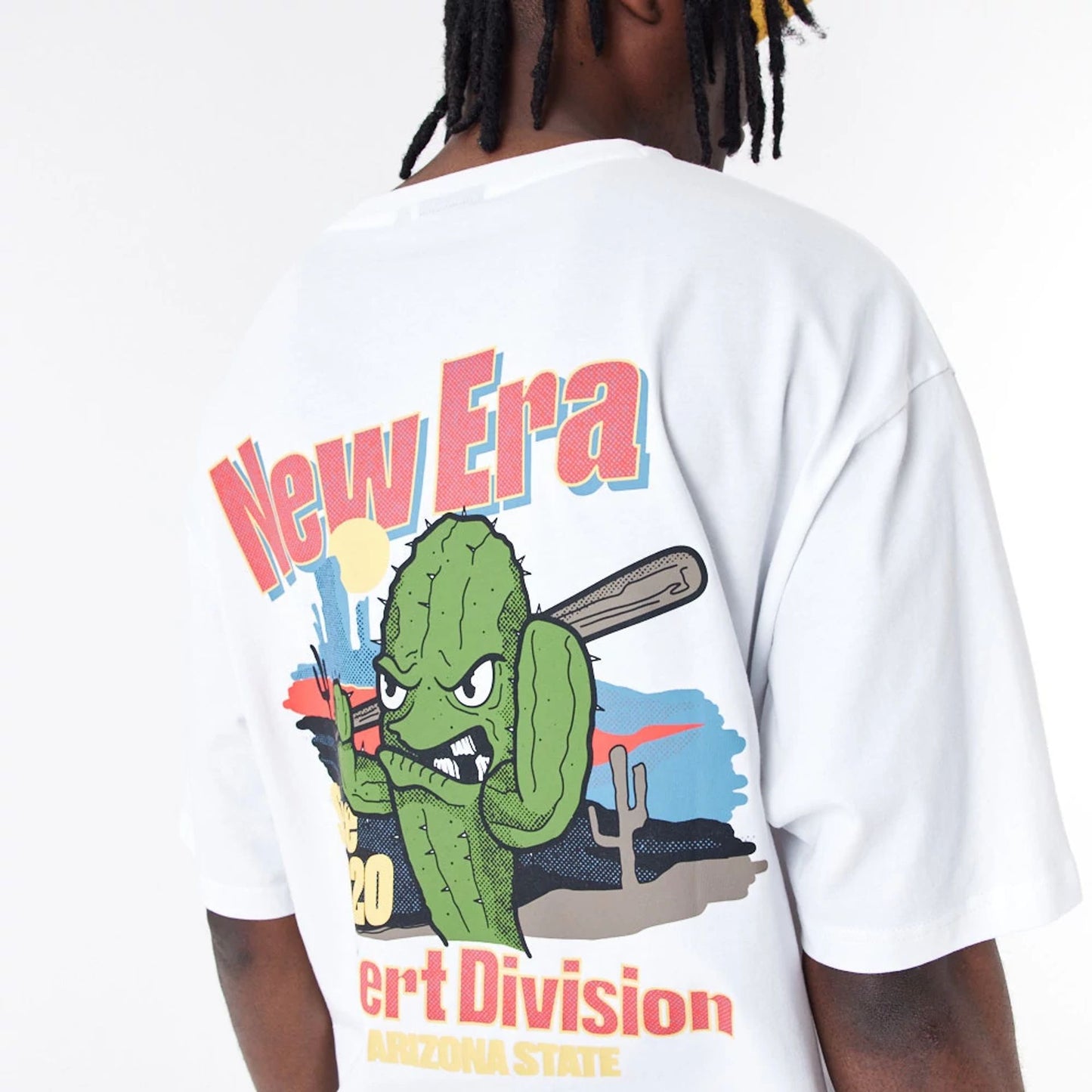 The Male model is wearing New Era Character Graphic White Oversized T-Shirt 2