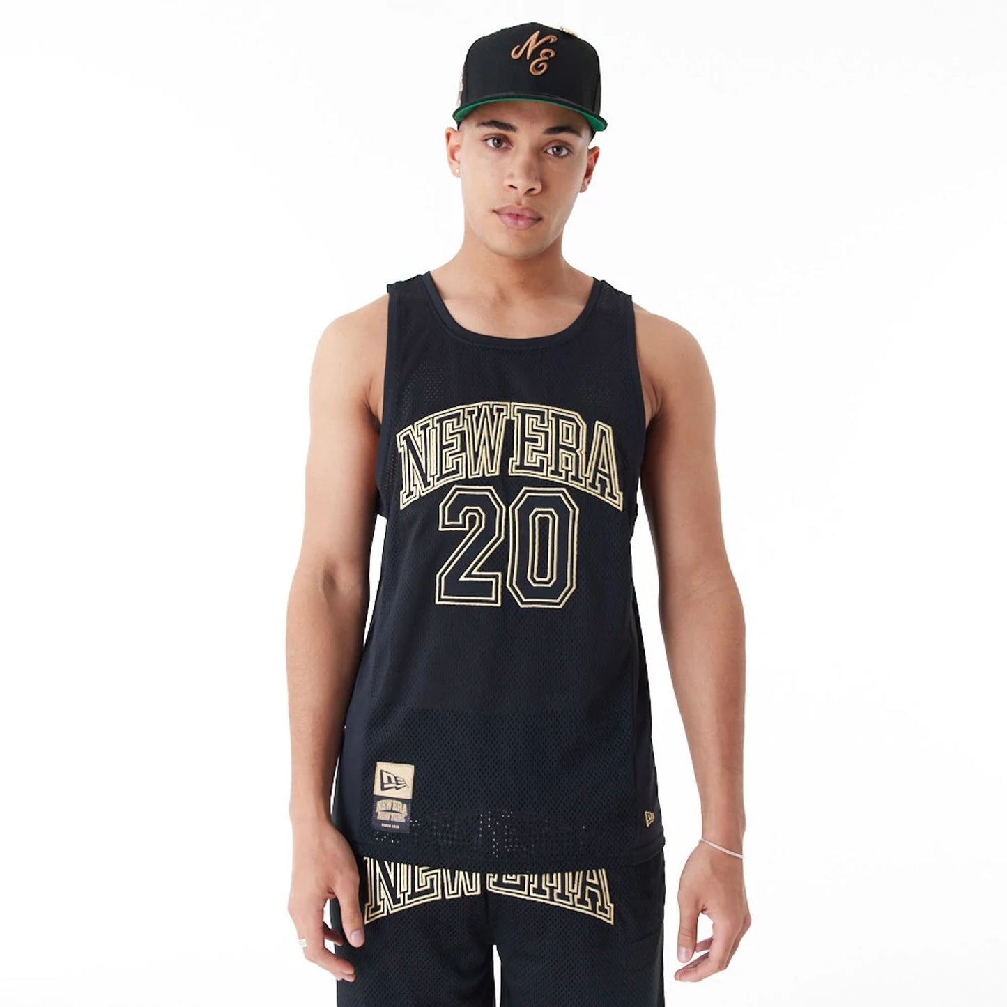 The Male model is wearing New Era Mesh Black Tank Top 7