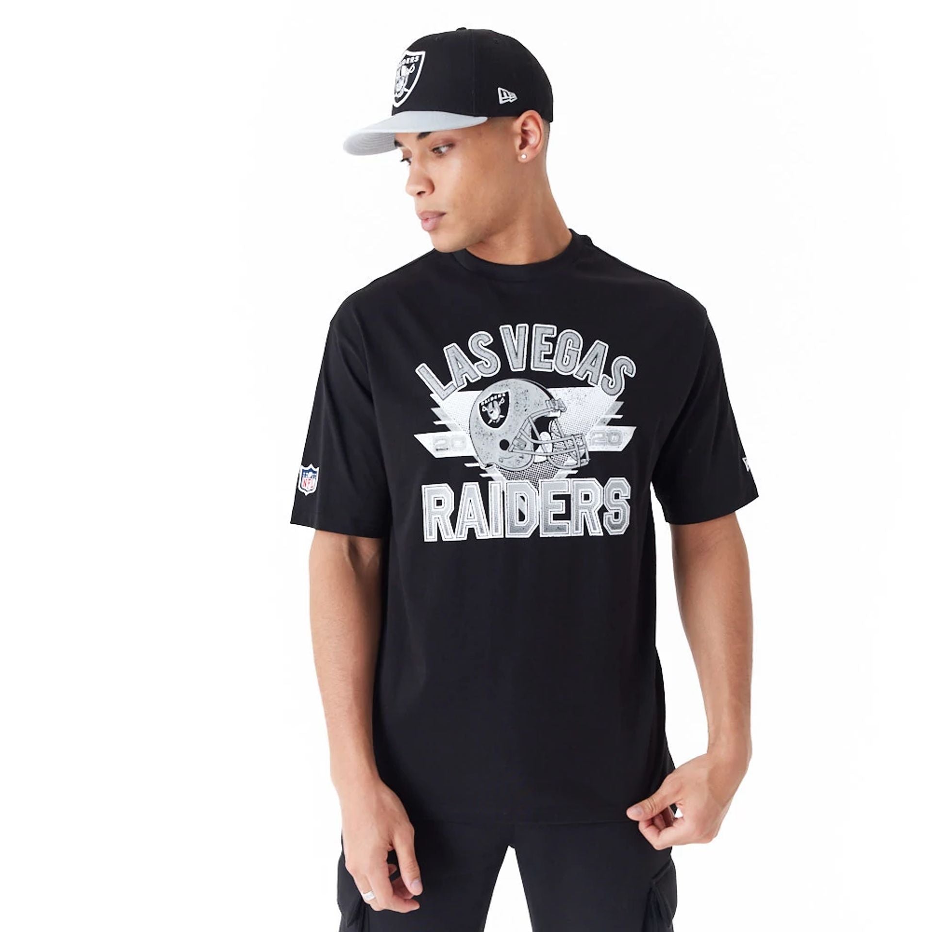 The Male model is wearing Las Vegas Raiders NFL Black Oversized T-Shirt 1