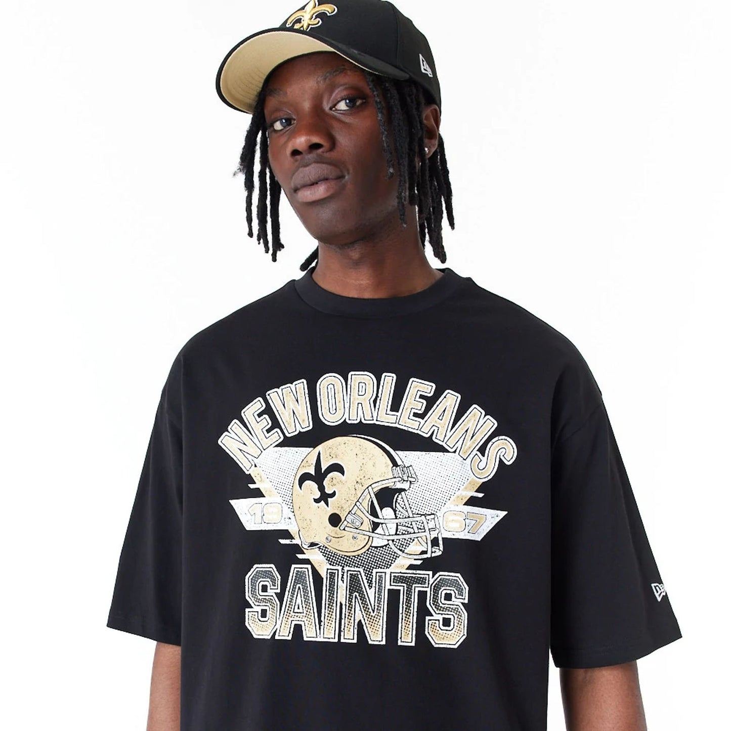 The Male model is wearing New Orleans Saints NFL Black Oversized T-Shirt 3