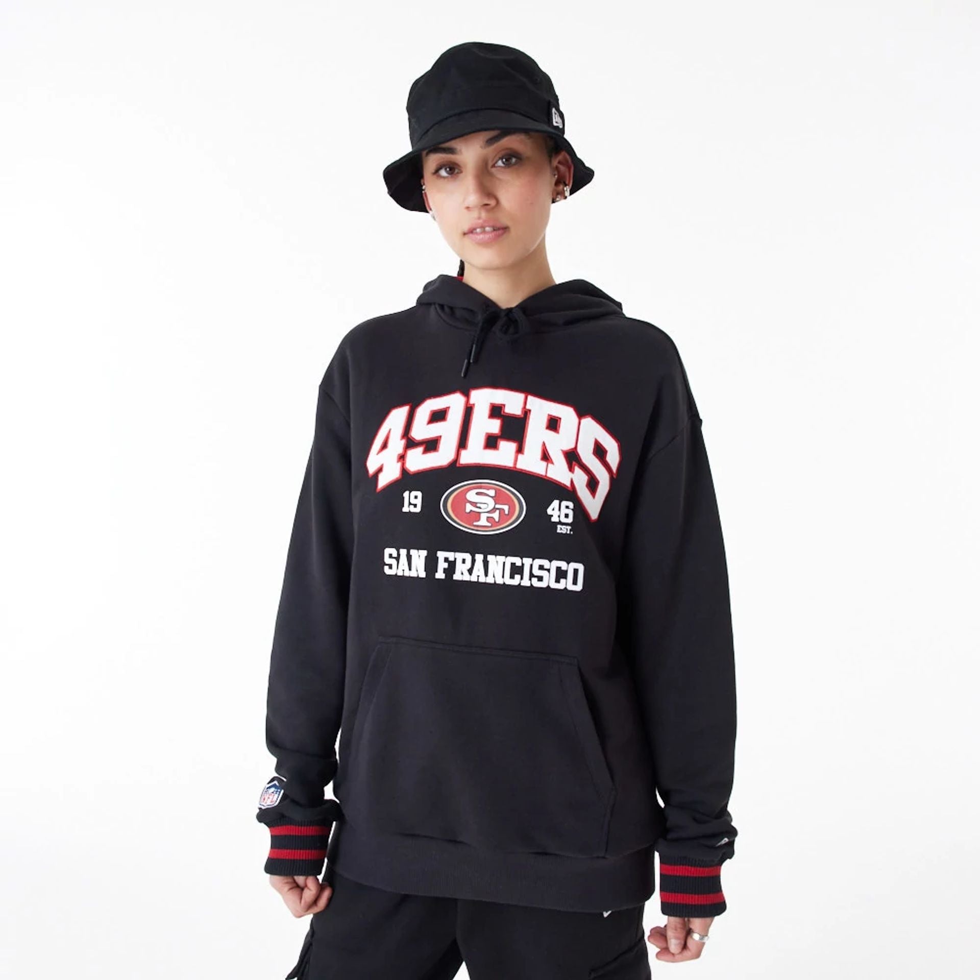 The Male model is wearing San Francisco 49Ers NFL Black Oversized Pullover Hoodie 6