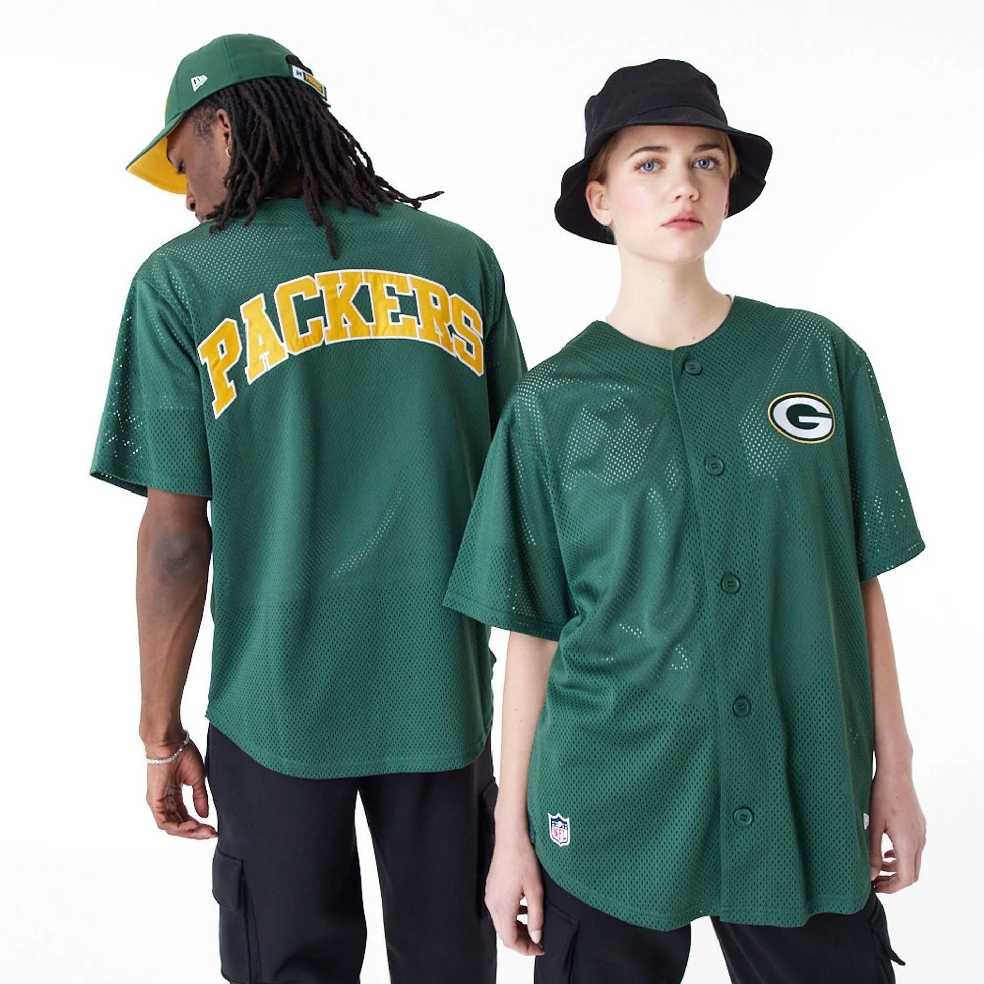 The Male model is wearing Green Bay Packers NFL Green Mesh Jersey 1