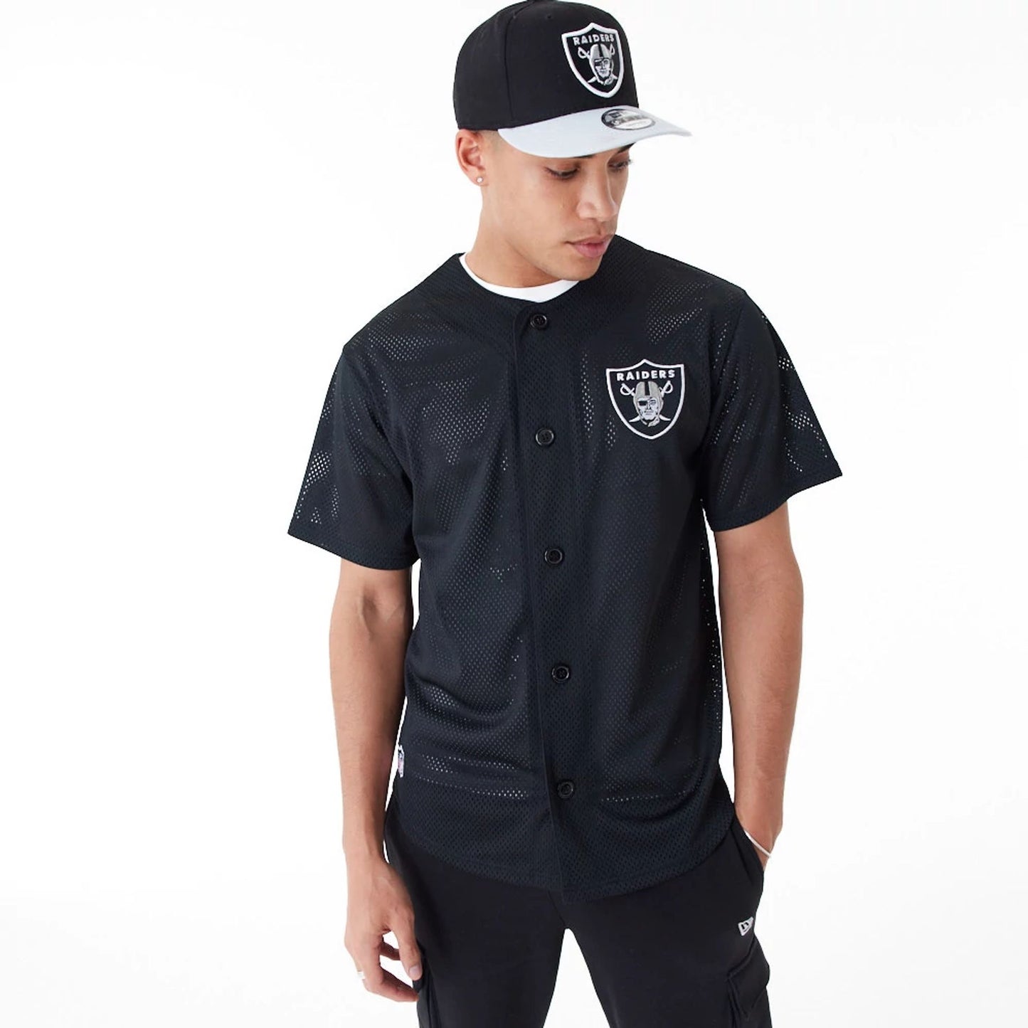 The Male model is wearing Las Vegas Raiders NFL Black Mesh Jersey 6