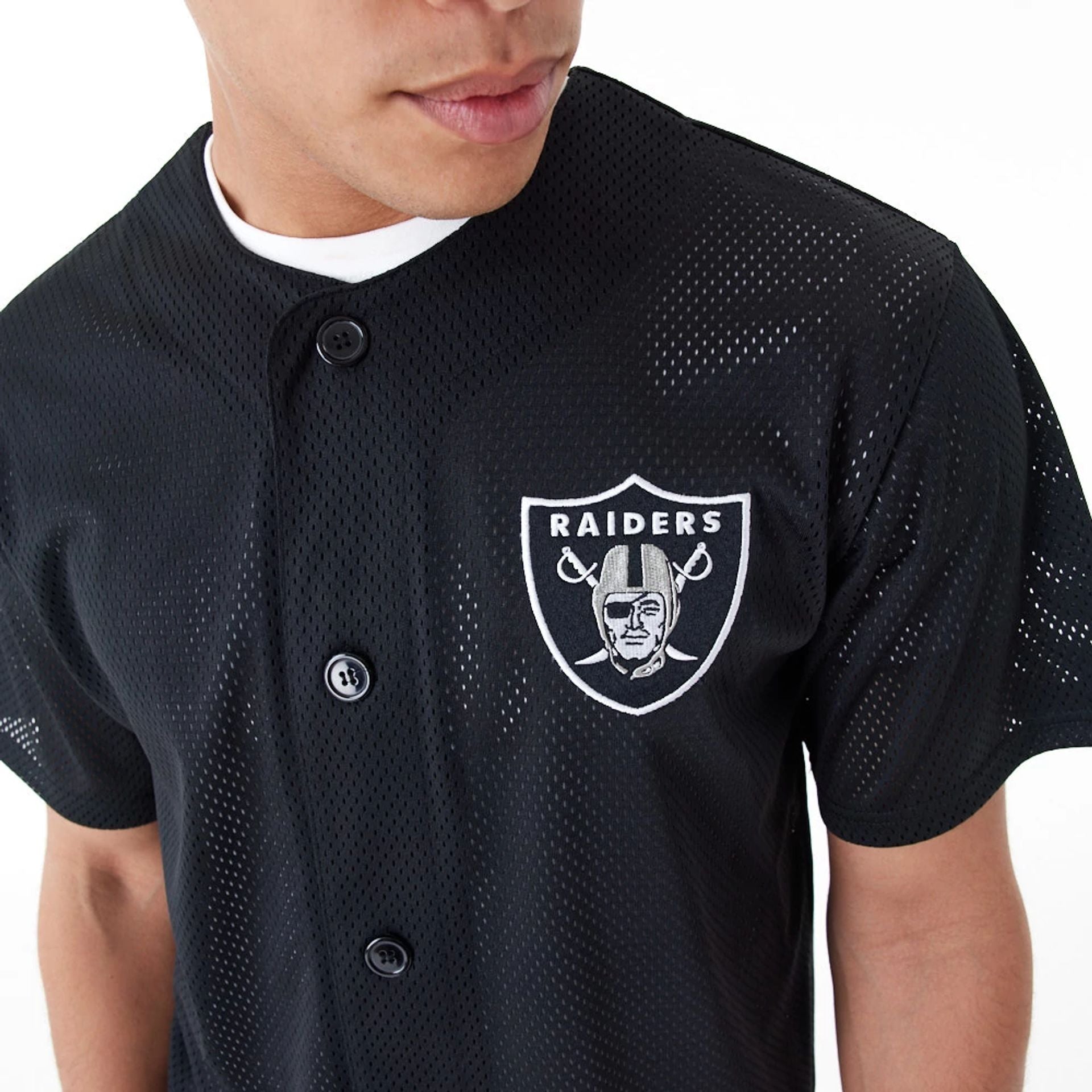 The Male model is wearing Las Vegas Raiders NFL Black Mesh Jersey 7