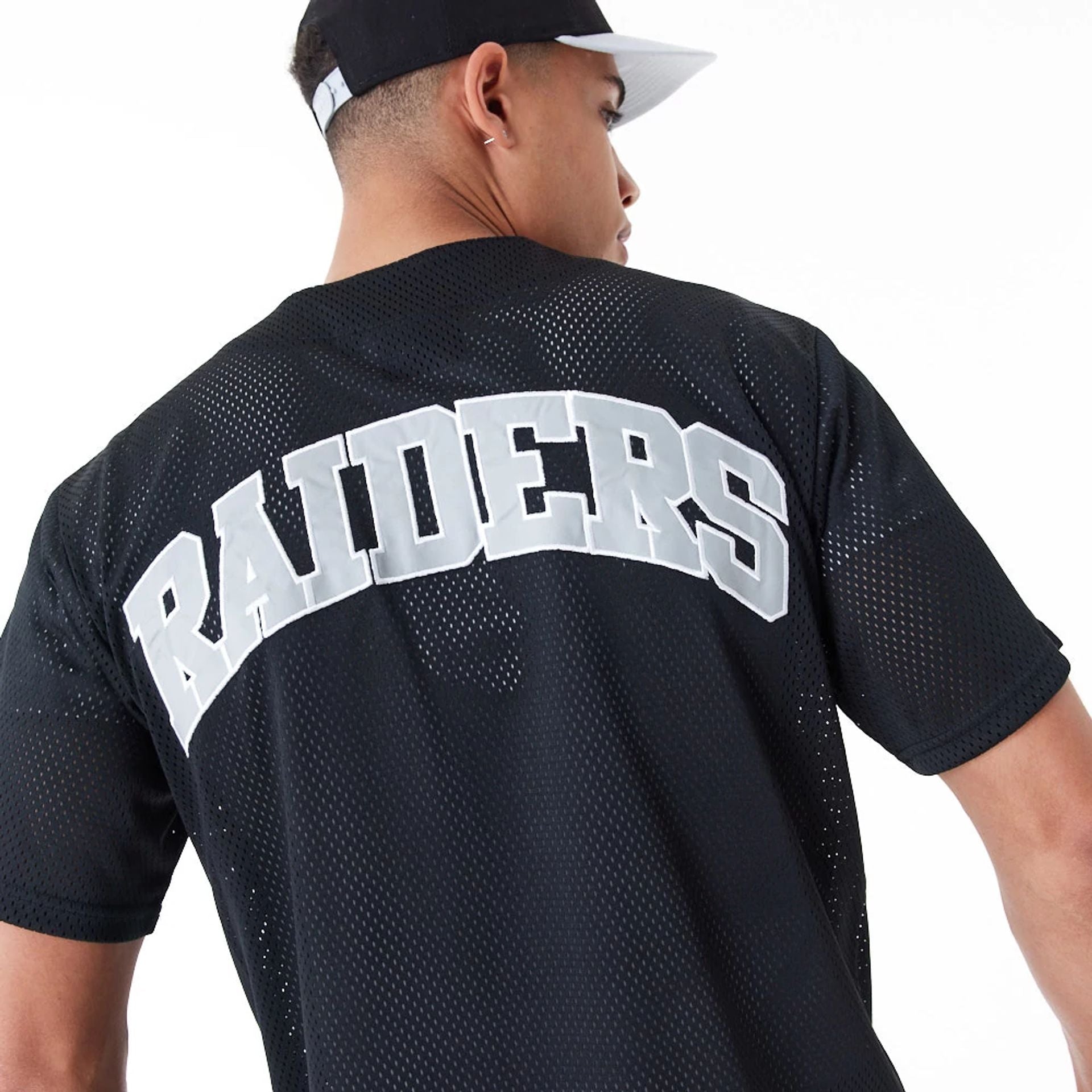 The Male model is wearing Las Vegas Raiders NFL Black Mesh Jersey 4