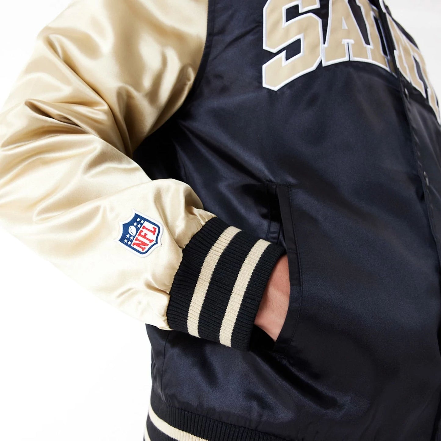 The Male model is wearing New Orleans Saints NFL Satin Black Bomber Jacket 5