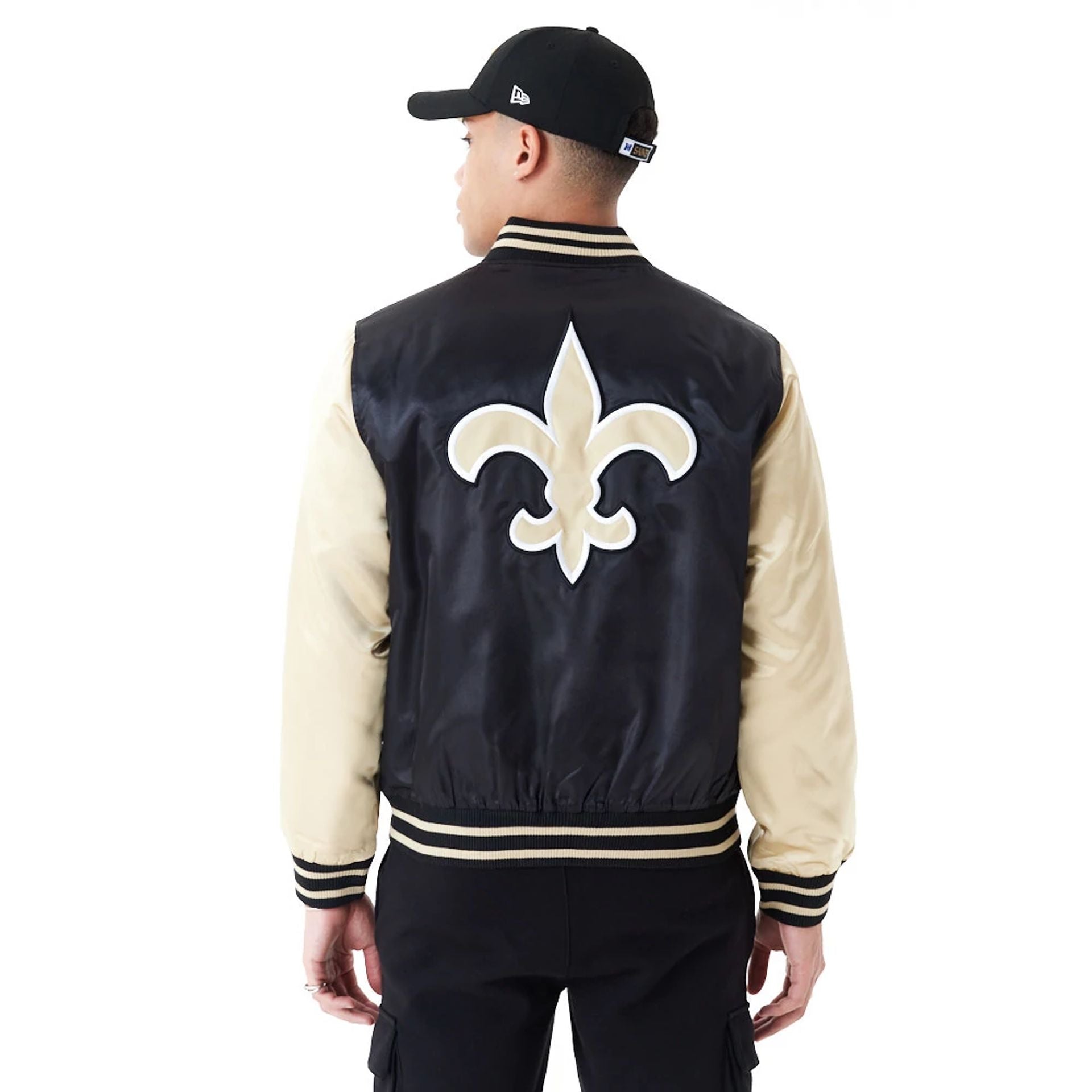 The Male model is wearing New Orleans Saints NFL Satin Black Bomber Jacket 2