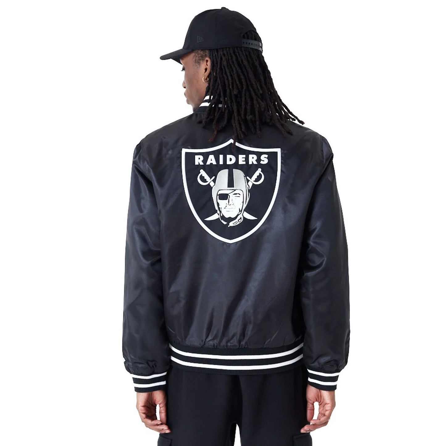 The Male model is wearing Las Vegas Raiders NFL Shiny Satin Black Bomber Jacket 9