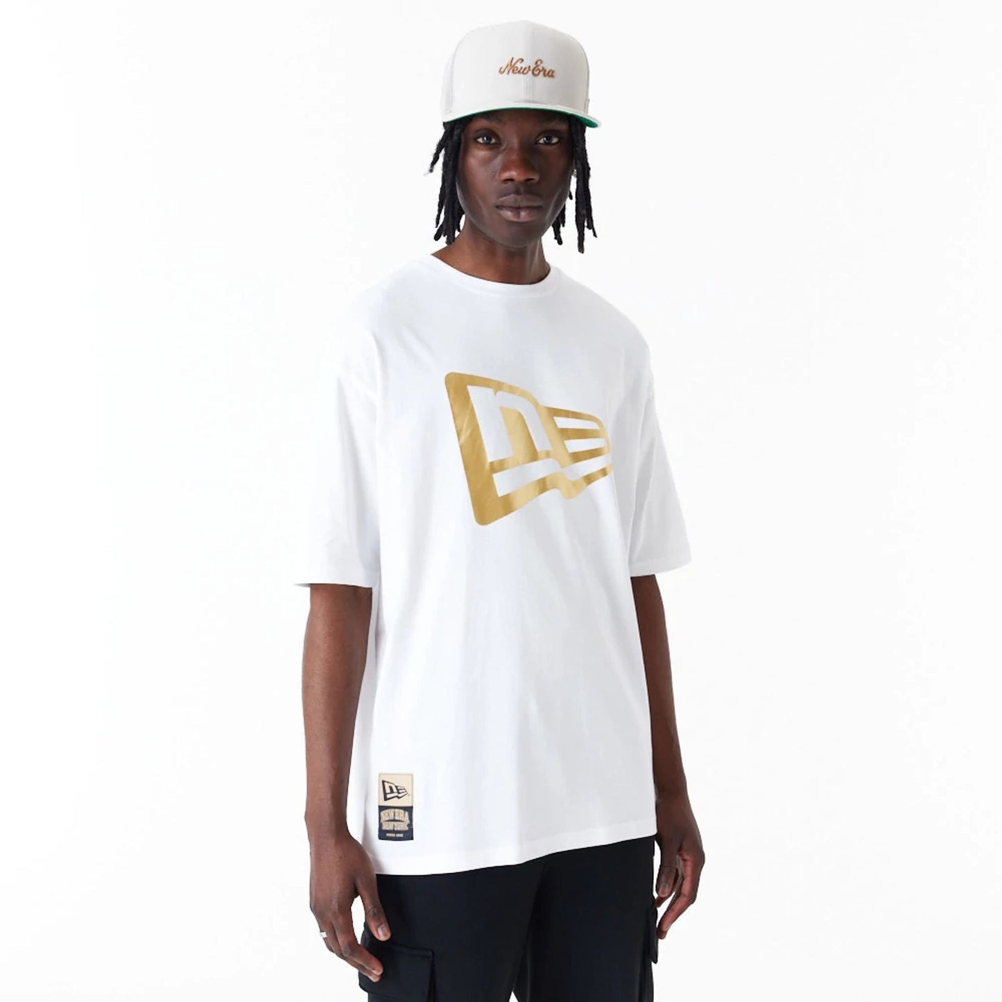 The Male model is wearing New Era Flag White Oversized T-Shirt 4