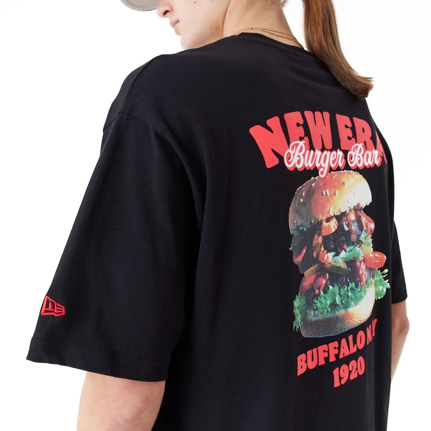 The Male model is wearing New Era Food Graphic Black Oversized T-Shirt 4