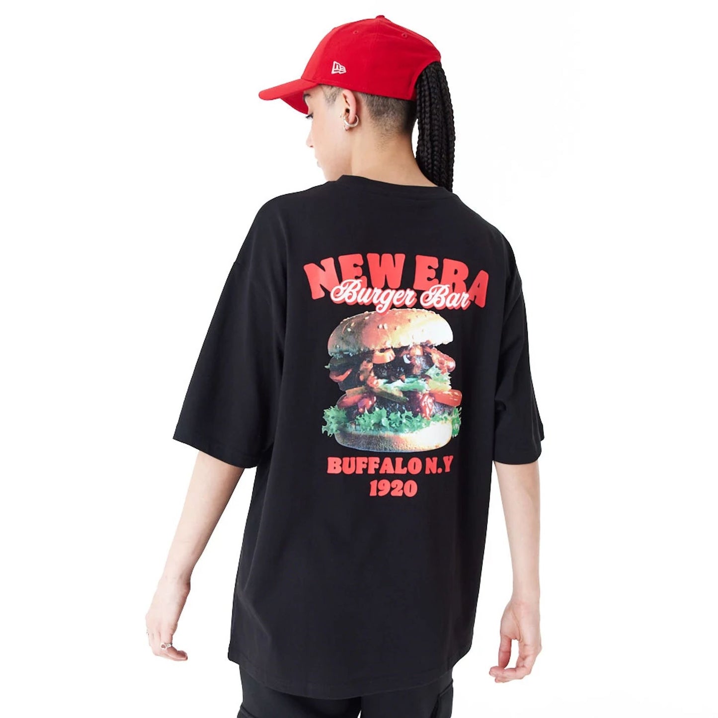 The Male model is wearing New Era Food Graphic Black Oversized T-Shirt 6