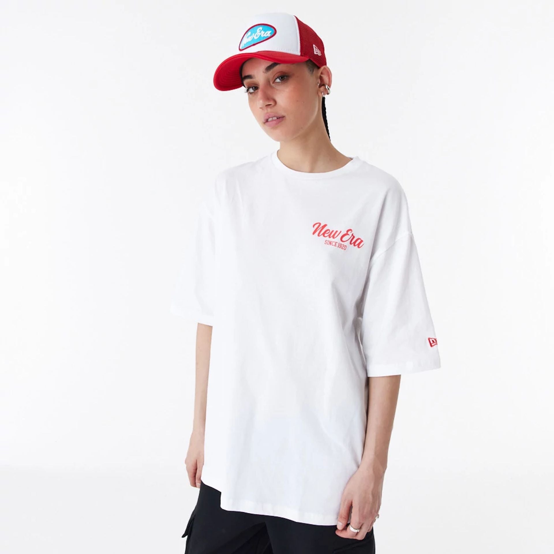 The Male model is wearing New Era Cactus Graphic White Oversized T-Shirt 7