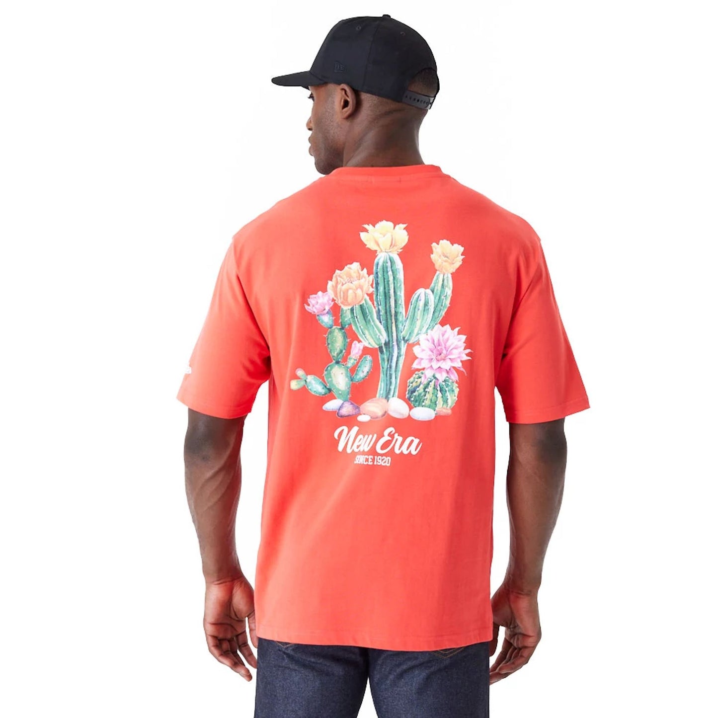 The Male model is wearing New Era Cactus Graphic Red Oversized T-Shirt 5