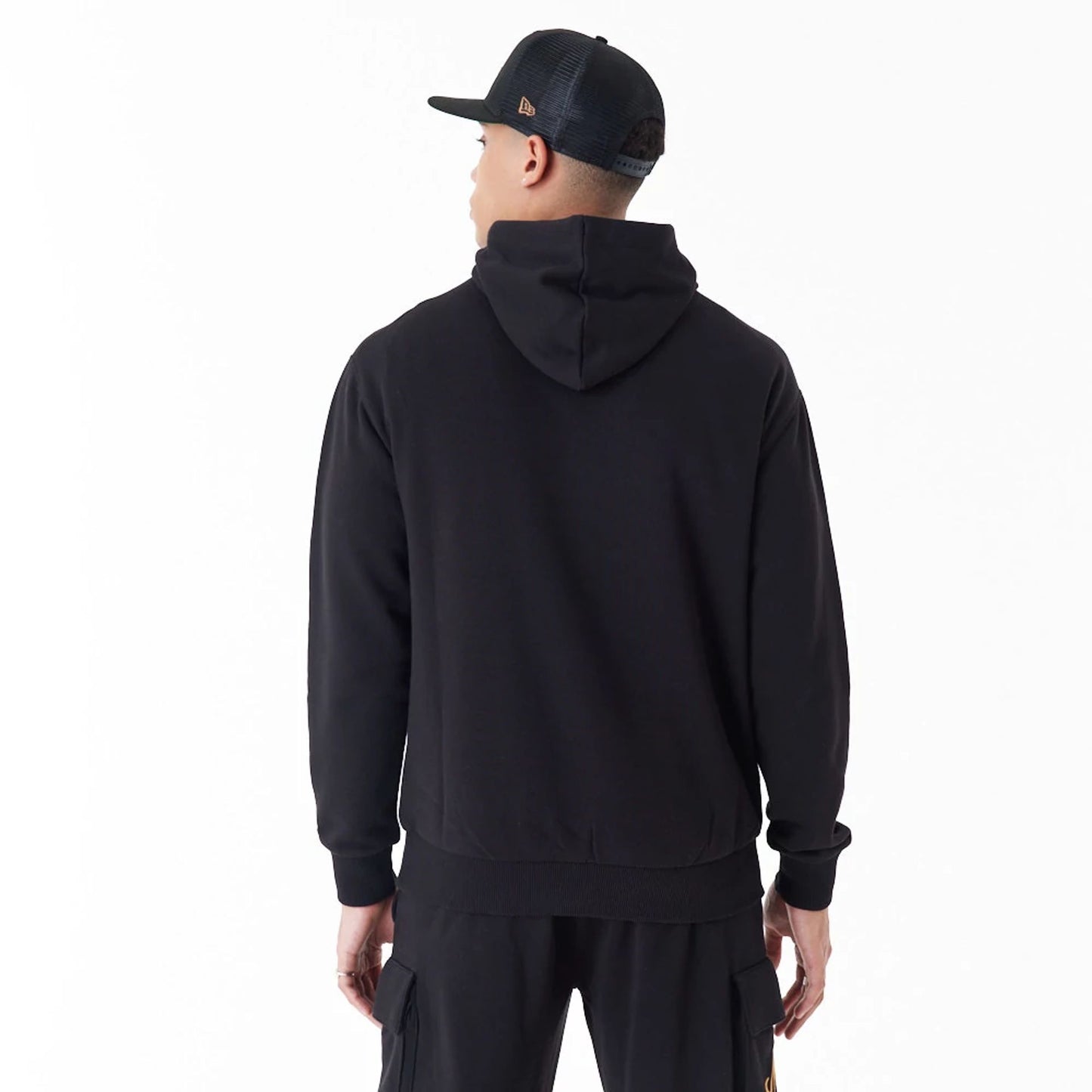 The Male model is wearing New Era Script Logo Black Oversized Pullover Hoodie 6