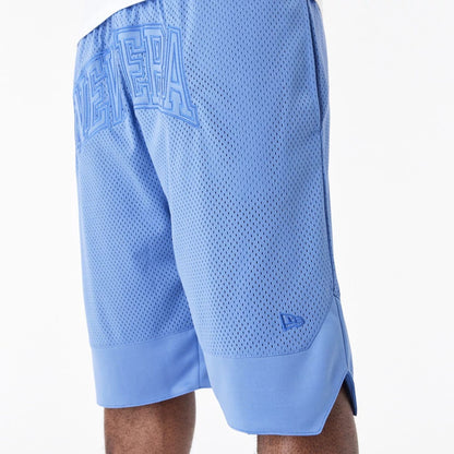 The Male model is wearing New Era Arch Logo Blue Mesh Shorts 5