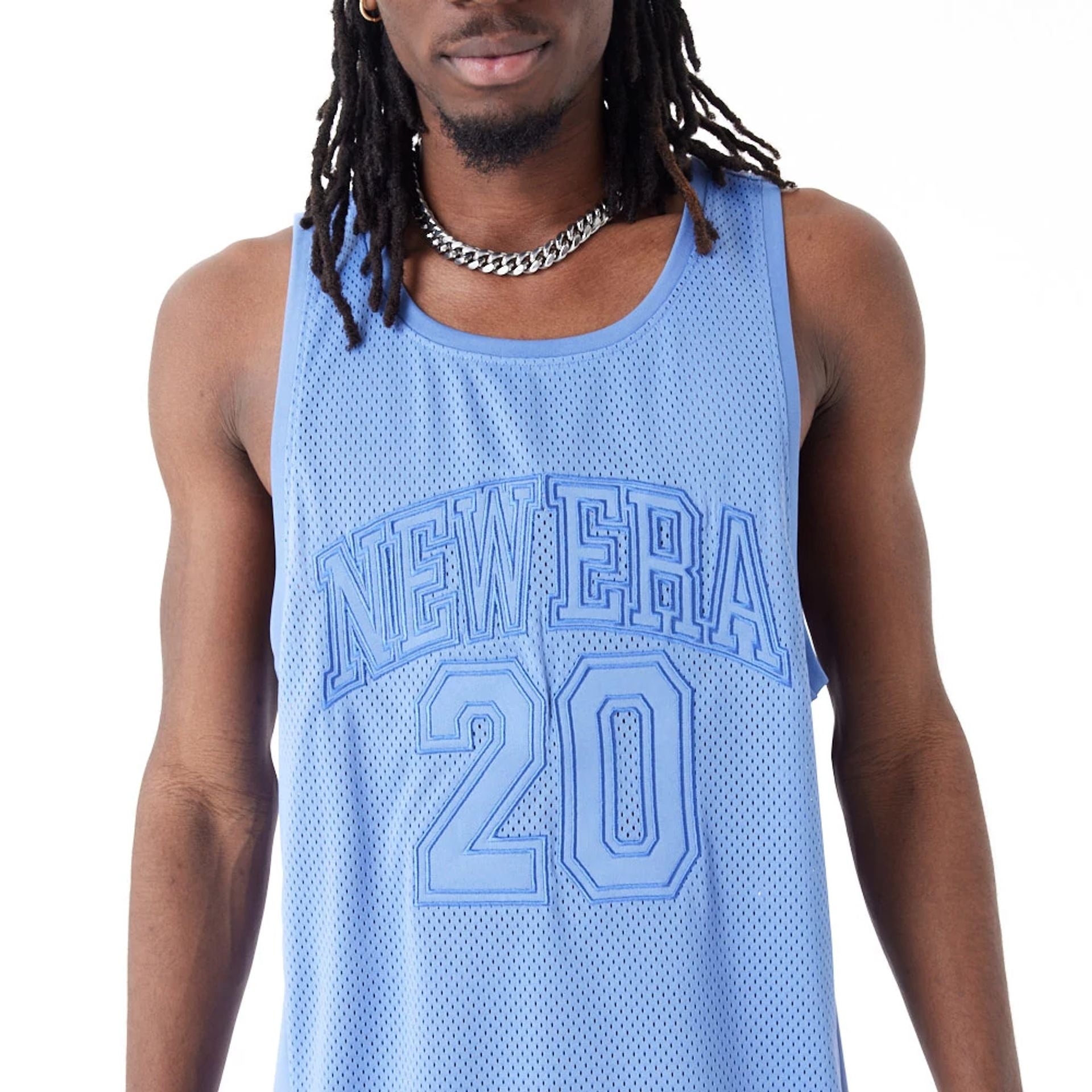 The Male model is wearing New Era Arch Logo Blue Mesh Tank Top 7