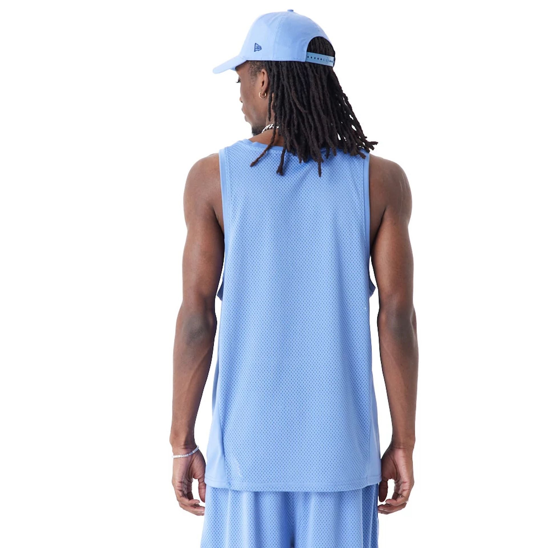 The Male model is wearing New Era Arch Logo Blue Mesh Tank Top 4