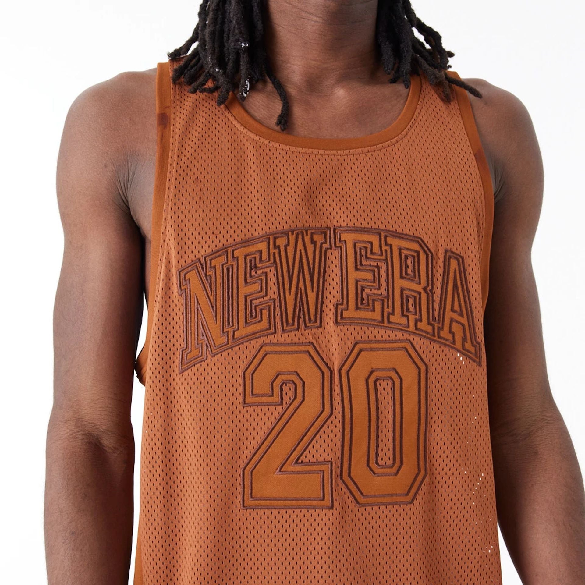 The Male model is wearing New Era Arch Logo Brown Mesh Tank Top 7